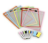 SIMAO TOYS - 6 Pochettes Plastique A4 Effacable avec 7 feutres et une gomme, Pochette Transparente D'enseignement Réutilisable Pour Écrire et Essuyer - Pour Ecole, Maison, Bureau - (Ensemble)