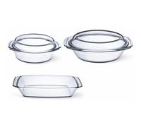 SIMAX Lot de 3 Plats à Four dont 2 avec Couvercle en Verre - Cont 1,5+0,60 L Dim 24,9 x 20,5 x 9,3 cm - Cont 2,4+1,2 L Dim 33,4 x 20,1 x11,2 cm - Cont 2,4 L Dim 35,1 x 19,5 x 5,7 cm - ref 302