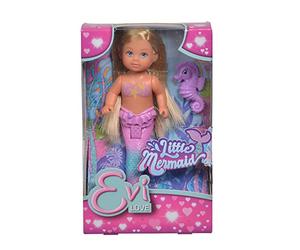 Simba 105733424 - Evi Love Little Mermaid, 2 assortis, un seul article sera livré, Evi en tant que sirène, nageoire caudale mobile, avec hippocampe, poupée à habiller de 12 cm, à partir de 3 ans