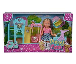 Simba 105733477 Evi Love Puppy Fun - Poupée avec Trois Chiots Mignons et Un Superbe Espace pour Chien, balançoire, Toboggan et Poussette 2 en 1-12 cm - Convient aux Enfants à partir de 3 Ans