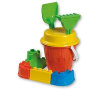 Simba 107113717 - Ensemble de seaux à château, 3 Assortis, Un Seul Article, 8 pièces, Seau, passoire, 4 moules à Sable, Pelle, râteau, Hauteur 16 cm, diamètre 17 cm