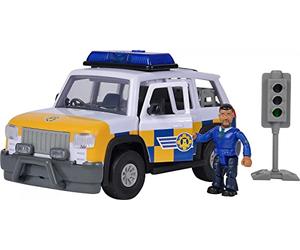 Simba 109251096 Kit de Jeu Sam Le Pompier, Voiture de Police 4x4 de 19 cm, pour Enfants à partir de 3 Ans, avec Son Original, lumière, Figurine Malcom et Autres Extras