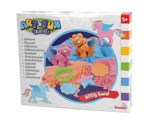 Simba Art and Fun Lot de 3 sables de jeu licorne 200 g de sable, plateforme, forme 3D, 4 ailes, 4 yeux, 1 autocollant, rouleau, 2 emporte-pièces, à partir de 3 ans