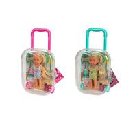 SIMBA 105733739 Evi Love Travel, 2 assortis, un seul article est livré, poupée dans une valise roulante, elle porte un maillot de bain avec volants avec lunettes de soleil et glace, 12 cm, à partir de
