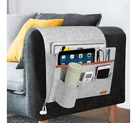 SIMBOOM Organiseur de Canapé, 4 Poches mit Porte-Bouteille Sac de Rangement à Suspendre D'accoudoir, pour Bouteille, Magazines, Télécommande, Téléphone, Tablettes, et Livres - Gris Clair