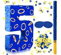 Simgoing Piñata en forme de chiffre 5 avec anneaux bleus et dorés pour anniversaire d'enfants, petite piñata avec bandeau pour les yeux et confettis pour décoration de fête Fiesta Cinco de Mayo, 40 x