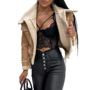 Simili Cuir Blouson Femme Veste Moto Biker Courte Fermeture éclair Chaud Automne Hiver Couleur Unie Décontracté Mode Grandes Tailles Manteau Femme avec Col Rembourré Manches Longues B-Khaki, M