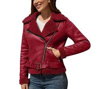 Simili Cuir Blouson Femme Veste Moto Biker Courte Fermeture éclair Chaud Automne Hiver Couleur Unie Décontracté Mode Grandes Tailles Manteau Femme avec Col Rembourré Manches Longues A-Wine, S