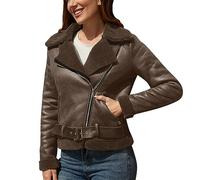 Simili Cuir Veste Blouson Femme Biker Moto Courte Fermeture éclair Chaud Hiver Automne Couleur Unie Décontracté Mode Grandes Tailles Manteau Femme avec Manches Longues Col Rembourré A-Coffee, S