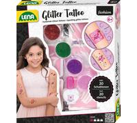 Lena 42440 - Fashion Glitter Tattoo, set de mode pour styliser et décorer avec 4 couleurs scintillantes, pinceau, latex et dix pochoirs, décoration corporelle lavable pour filles à partir de 6 ans