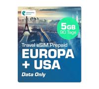 Simmetry Europe & US Données eSIM 5 Go 90 Jours Compatible avec Les appareils iOS et Android compatibles eSIM Partage à Chaud autorisé, idéal pour Les Longs Voyages ou Une Utilisation Durable.
