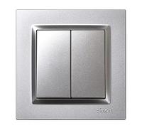 SIMON - Interrupteur double commutateur, série Simon 10, 230V, interrupteur mural intérieur, facile à installer, avec cadre, couvercle et mécanisme, couleur aluminium