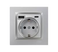 SIMON Prise Schuko à encastrer + 2 ports USB A+C (10,5 W), série Simon 10, 250 V, 16 A, prise murale avec charge supplémentaire, cadre, couvercle et mécanisme, couleur aluminium