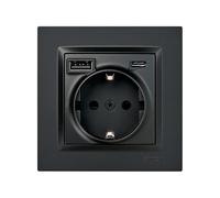 SIMON Prise Schuko à encastrer + 2 ports USB A+C (10,5 W), série Simon 10, 250 V, 16 A, prise murale avec charge supplémentaire, cadre, couvercle et mécanisme, couleur noir mat