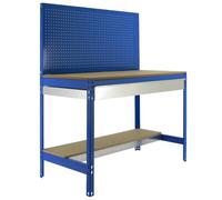 Simon Rack Etabli d’Atelier, Capacité de Charge 600 kg, 1445x1210x610 mm, Panneau Perforé, Étagère Tiroir de Rangement, Table de Travail Bricolage, Bleu/Bois - BT2