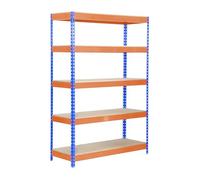 Simon Rack Étagère industrielle, 2 000 x 1 200 x 600 mm, 300 kg de point de flexion, 5 étagères en bois, étagères de rangement, étagères métalliques, bleu/orange/bois - SimonTaller