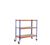 Simon Rack Étagère Rangement en Route à 3 Niveaux en Boix, 75 kg Capacité de Charge et Point de Flexion, 975x1100x300 mm, Étagère Charge Lourde, Étagère Garage, Bleu/Orange/Bois - Maderclick