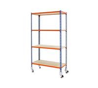Simon Rack Étagère Rangement en Route à 4 Niveaux en Boix, 75 kg Capacité de Charge et Point de Flexion, 1575x900x300 mm, Étagère Charge Lourde, Étagère Garage, Bleu/Orange/Bois - Maderclick