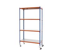 Simon Rack Étagère Rangement et 4 Niveaux, 75 kg Capacité de Charge et Point de Flexion, 1500x900x300 mm, Étagère à Roulettes, Étagère Garage, Bleu/Orange/Galvanisé - Simonclick