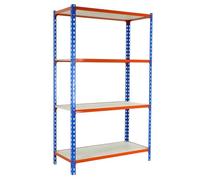 Simon Rack Étagère Rangement et 4 Niveaux en Boix, 150 kg Capacité de Charge et Point de Flexion, 1500x1000x300 mm, Étagère Charge Lourde, Étagère Garage, Bleu/Orange/Bois - Maderclick