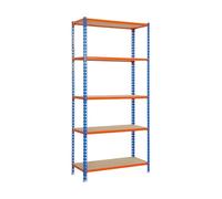 Simon Rack Étagère Rangement et 5 Niveaux en Boix, 200 kg Capacité de Charge et Point de Flexion, 2000x1200x300 mm, Étagère Charge Lourde, Étagère Garage, Bleu/Orange/Bois - Maderclick