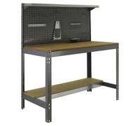 SimonRack Etabli d’Atelier, Capacité de Charge 600 kg, 1445x1210x610 mm, Panneau Perforé avec 1 Étagère, Table de Travail Bricolage, Gris/Bois - BT3