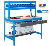 SimonRack Etabli d’Atelier, Capacité de Charge 600 kg, 1445x1210x610 mm, 3 Étagères, Étagère Tiroir de Rangement, Table de Travail Bricolage, Bleu/Bois - BT1