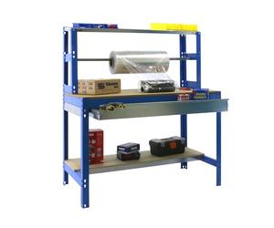 Simonrack Banc de travail BT4 avec tiroir Simonwork bleu/bois 1445 x 910 x 760 mm - Banc d'emballage - Table logistique 400 kg de capacité par étagère
