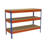 SimonRack Établi d’Atelier avec 2 Étagères Inférieure, Capacité de Charge 400 kg, 900x1500x750 mm, Bleu/Orange/Bois - BT-Basic