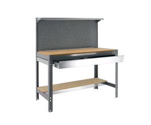 SimonRack Etabli d’Atelier, Capacité de Charge 400 kg, 1445x910x610 mm, Panneau Perforé avec 1 Étagère, Étagère Tiroir de Rangement, Table de Travail Bricolage, Gris/Bois - BT3