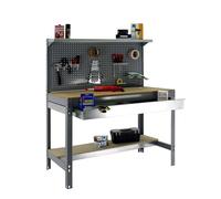 SimonRack Etabli d’Atelier, Capacité de Charge 600 kg, 1445x1210x610 mm, Panneau Perforé avec 1 Étagère, Étagère Tiroir de Rangement, Table de Travail Bricolage, Gris/Bois - BT3