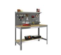 SimonRack Etabli d’Atelier, Capacité de Charge 600 kg, 1445x1210x610 mm, Panneau Perforé avec 1 Étagère, Table de Travail Bricolage, Gris/Bois - BT3