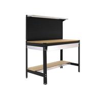 SimonRack Etabli d’Atelier, Capacité de Charge 600 kg, 1445x1210x610 mm, Panneau Perforé avec 1 Étagère, Étagère Tiroir de Rangement, Table de Travail Bricolage, Anthracite/Bois - BT3