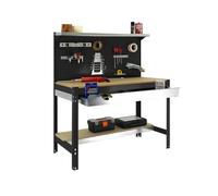 SimonRack Etabli d’Atelier, Capacité de Charge 600 kg, 1445x1510x610 mm, Panneau Perforé avec 1 Étagère, Étagère Tiroir de Rangement, Table de Travail Bricolage, Anthracite/Bois - BT3