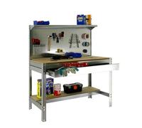 SimonRack Etabli d’Atelier, Capacité de Charge 600 kg, 1445x1510x610 mm, Panneau Perforé avec 1 Étagère, Étagère Tiroir de Rangement, Table de Travail Bricolage, Galvanisé/Bois - BT3