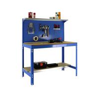 SimonRack Etabli d’Atelier, Capacité de Charge 600 kg, 1445x1510x610 mm, Panneau Perforé avec 1 Étagère, Table de Travail Bricolage, Bleu/Bois - BT3