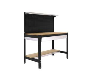 SimonRack Etabli d’Atelier, Capacité de Charge 600 kg, 1445x1510x610 mm, Panneau Perforé avec 1 Étagère, Étagère Tiroir de Rangement, Table de Travail Bricolage, Anthracite/Bois - BT3