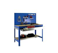 SimonRack Etabli d’Atelier, Capacité de Charge 600 kg, 1445x1510x610 mm, Panneau Perforé, Étagère Tiroir de Rangement, Table de Travail Bricolage, Bleu/Bois - BT2