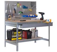 SimonRack Etabli d’Atelier, Capacité de Charge 600 kg, 1445x1510x610 mm, Panneau Perforé, Étagère Tiroir de Rangement, Table de Travail Bricolage, Galvanisé/Bois - BT2
