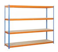 SimonRack Étagère Charge Lourde, 4 Niveaux en Boix, 400 kg Capacité de Charge et Point de Flexion, 2000x1800x450 mm, Étagère Garage, Étagère Rangement, Bleu/Orange/Bois - SimonTaller