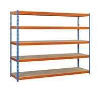 SimonRack Étagère Charge Lourde, 5 Niveaux en Boix, 600 kg Capacité de Charge et Point de Flexion, 2000x1500x600 mm, Étagère Garage, Étagère Rangement, Bleu/Orange/Bois - SimonTaller