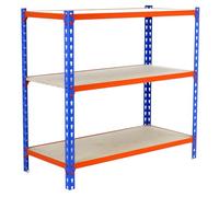 Simon Rack Étagère Rangement et 3 Niveaux en Boix, 150 kg Capacité de Charge et Point de Flexion, 1000x800x500 mm, Étagère Charge Lourde, Étagère Garage, Bleu/Orange/Bois - Maderclick