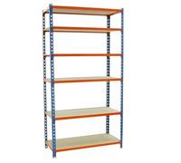 SimonRack Étagère Rangement et 6 Niveaux en Boix, 150 kg Capacité de Charge et Point de Flexion, 2500x800x400 mm, Étagère Charge Lourde, Étagère Garage, Bleu/Orange/Bois - Maderclick