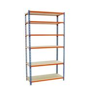 SimonRack Étagère Rangement et 6 Niveaux en Boix, 200 kg Capacité de Charge et Point de Flexion, 2500x1100x500 mm, Étagère Charge Lourde, Étagère Garage, Bleu/Orange/Bois - Maderclick