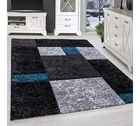 SIMPEX Tapis 160x230 cm à Poils Courts Coupe Contour Noir Gris Bleu Motif Carreaux Lavable Facile d'entretien Extra Doux pour Salon Salle à Manger Chambre