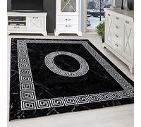 SIMPEX Tapis 160x230 cm Noir Poils Courts Motif Bordure Méandre Moderne pour Salon Chambre Cuisine Couloir Salle à Manger Doux