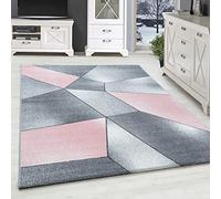 SIMPEX Tapis à poils courts - Motif géométrique abstrait - Aspect 3D - Gris/rose/blanc - Dimensions : 160 x 230 cm - Couleur : rose.