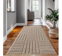 SIMPEX Tapis Coureur 80x150 cm Beige à Poils Longs Design Scandi Boho à Carreaux Effet Relief Moderne pour Chambre, Couloir