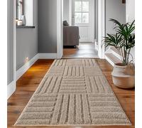 SIMPEX Tapis Coureur 80x150 cm Beige à Poils Longs Design Scandi Boho à Carreaux Effet Relief Shaggy Doux Moelleux Robuste Facile à Nettoyer Moderne pour Chambre, Couloir