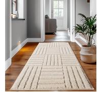 SIMPEX Tapis Coureur 80x150 cm Crème à Poils Longs Design Scandi Boho à Carreaux Effet Relief Moderne pour Chambre, Couloir